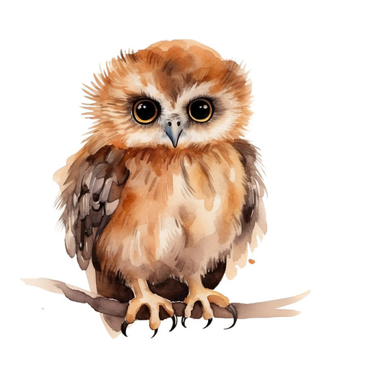 watercolor owl, baby owl, owlet, brown owl, orange feathers, cream colors, beige tones, watercolor painting, soft brushstrokes, cute animal, big eyes, fluffy feathers, perched bird, nature art, wildlife design, fabric panel, quilting cotton, nursery fabric, woodland creature, artistic illustration
