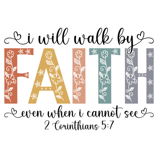 fabric panel, faith themed, religious, inspirational text, floral patterns, decorative letters, coral orange, mustard yellow, dusty rose, sage green, purple gray, white flowers, leaf motifs, star designs, biblical verse, 2 corinthians, script lettering, quilting cotton, spiritual design, pastel palette