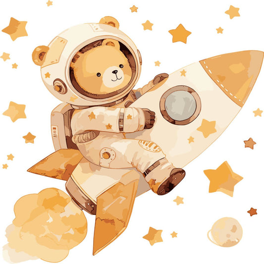 astronaut bear, space exploration, cosmic theme, celestial, stars, moon, rocket ship, adventure, whimsical, children's, baby, nursery, cream, tan, golden yellow, orange, brown, cute animals, teddy bear, space travel, gender neutral, playful, imaginative, wall hanging, baby quilt, crib bedding, storybook illustration, soft colors, gentle, dreamy
