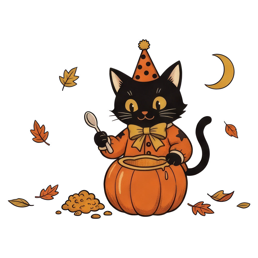 black cat, orange pumpkin, autumn, fall, halloween, party hat, polka dots, bow tie, crescent moon, leaves, fall leaves, orange, black, gold, whimsical, festive, holiday, celestial, animals, cats, cute, cheerful, seasonal, thanksgiving, spooky, decorative, children's, playful