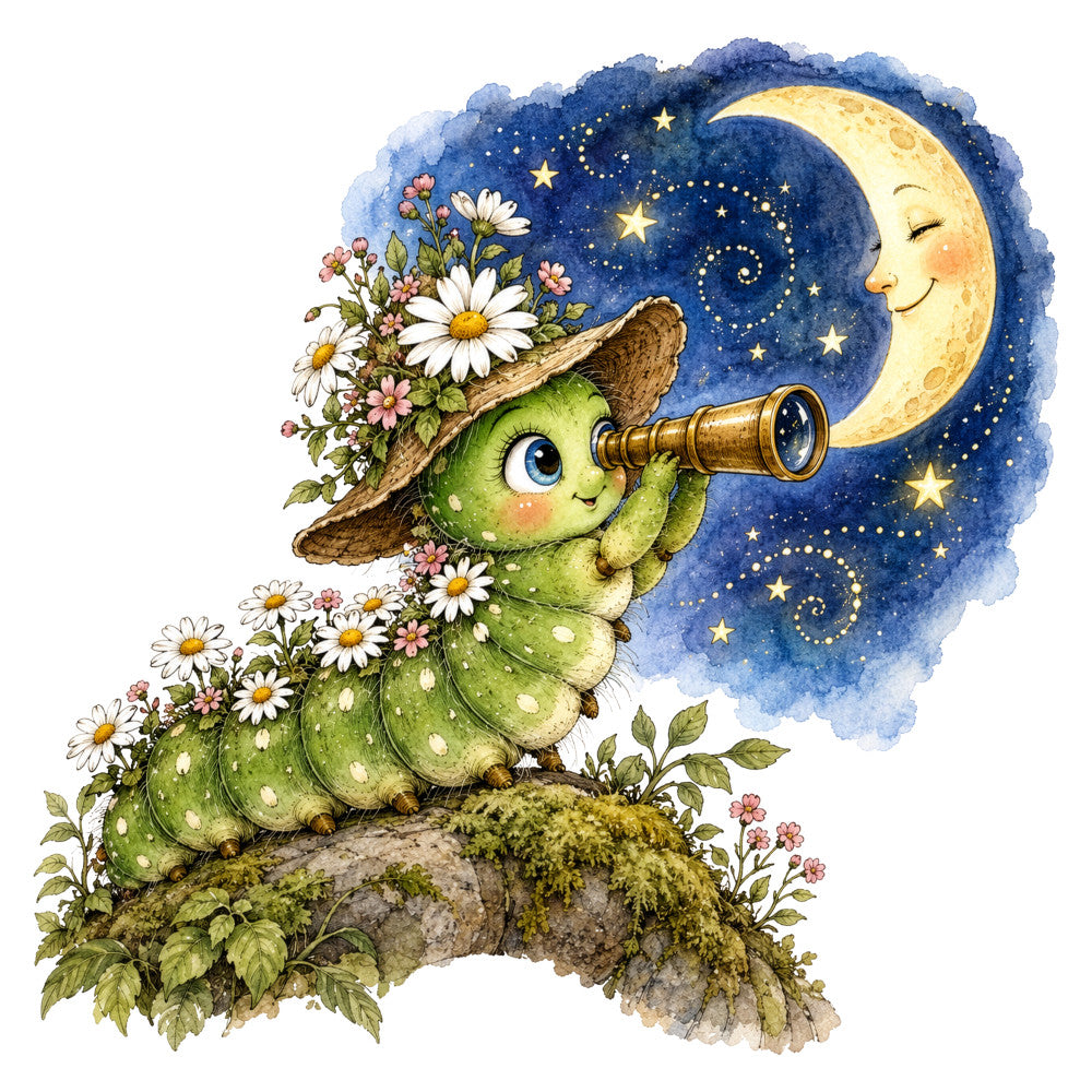 whimsical, celestial, moon, stars, green, navy blue, cream yellow, pink, white, floral, daisies, flowers, nature, animals, creature, toad, frog, telescope, magical, fantasy, children's, kids, nursery, storybook, vintage, enchanted, woodland, spring, garden, charming