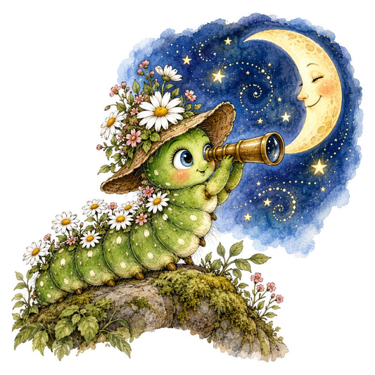whimsical, celestial, moon, stars, green, navy blue, cream yellow, pink, white, floral, daisies, flowers, nature, animals, creature, toad, frog, telescope, magical, fantasy, children's, kids, nursery, storybook, vintage, enchanted, woodland, spring, garden, charming