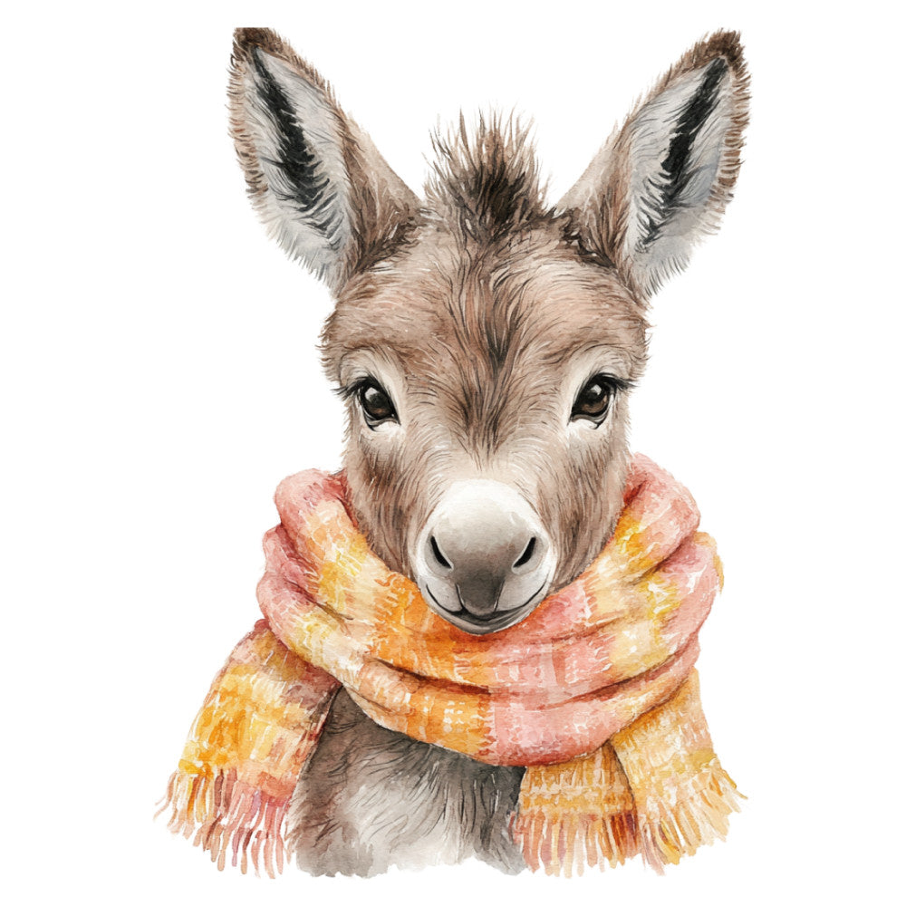 donkey, whimsical animals, woodland creatures, cozy scarf, warm tones, coral pink, golden yellow, cream, tan, beige, rust orange, soft illustration, nursery, children's, baby animals, farmyard, folk art, rustic charm, gentle style, portrait, adorable, sweet, cute animals, winter scarf, autumn colors, fall warmth, animal lovers, storybook, decorative panel
