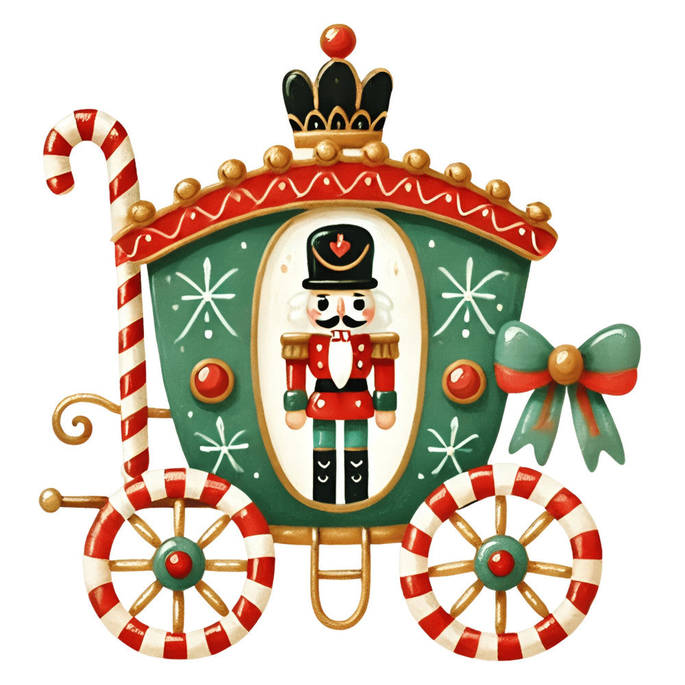 nutcracker, christmas, holiday, red and green, forest green, cream, gold, candy cane, festive, whimsical, traditional, vintage, royal carriage, crown, bow, snowflakes, nutcracker soldier, toy soldier, winter, seasonal, novelty, children's, festive decor, elegant, decorative, christmas panel, holiday theme, striped, ornamental