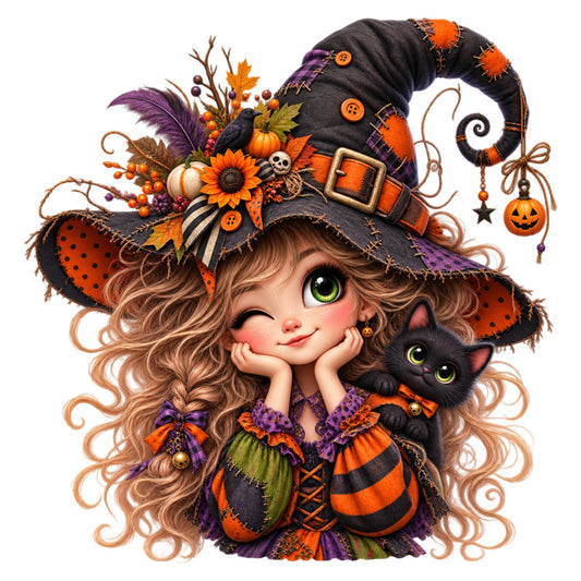 halloween, witch, black cat, orange, purple, green, autumn, fall, whimsical, cute, magical, festive, pumpkin, sunflower, nature, animals, spooky, playful, child-friendly, girl, enchanted, seasonal, holiday, dark orange, deep purple, forest green, cream, striped, polka dot, floral