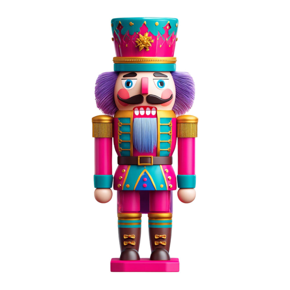 nutcracker, soldier, holiday, christmas, festive, magenta pink, turquoise, purple, gold, jewel tones, geometric, whimsical, toy soldier, traditional, vintage, nutcracker doll, royal blue, decorative, festive motifs, holiday decoration, winter, seasonal, wall hanging, character panel, bold colors, ornate, regal, marching band, december, holiday decor