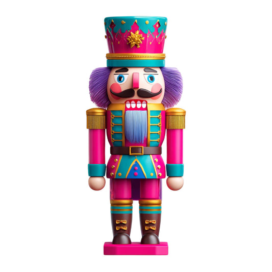 nutcracker, soldier, holiday, christmas, festive, magenta pink, turquoise, purple, gold, jewel tones, geometric, whimsical, toy soldier, traditional, vintage, nutcracker doll, royal blue, decorative, festive motifs, holiday decoration, winter, seasonal, wall hanging, character panel, bold colors, ornate, regal, marching band, december, holiday decor