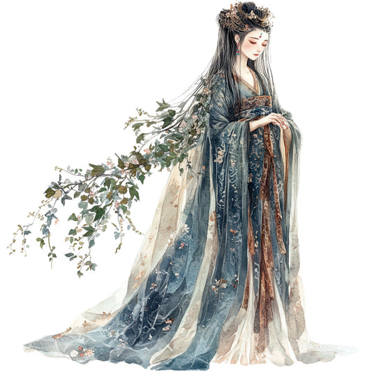 slate blue, dusty blue, sage green, cream, ivory, beige, bronze, copper, floral, botanical, nature, elegant, vintage, asian-inspired, traditional, ethereal, romantic, delicate, flowers, climbing vines, trailing foliage, leaves, ornamental, historical, classical, dress illustration, figure study, woman portrait, fashion design, spring