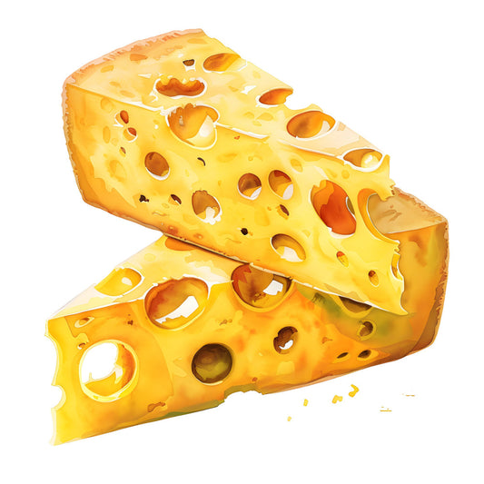 golden yellow, bright yellow, orange, pale yellow, cheese, swiss cheese, holes, whimsical, playful, cute, food, kitchen, novelty, children's, kids, fun, cheerful, humorous, quirky, modern, contemporary, home decor, wall art, apparel, cottage core, comfort food, dairy, illustrative, cartoon style, detailed shading