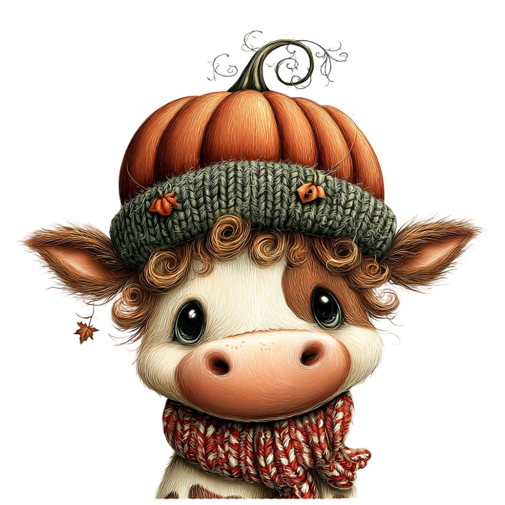 autumn cow, fall harvest, pumpkin, knitted hat, cozy sweater, farmhouse animal, whimsical cow face, cute character, rustic farm, brown and cream, forest green, rust red, pumpkin orange, chunky knit, seasonal decor, harvest theme, adorable animals, cottage core, fall colors, woodland creature, folk art style, children's fabric, baby animals, festive autumn, decorative panel, character illustration, cow with pumpkin, sweater weather, thanksgiving theme, pastoral scene