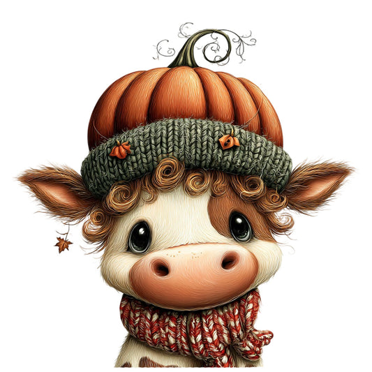 autumn cow, fall harvest, pumpkin, knitted hat, cozy sweater, farmhouse animal, whimsical cow face, cute character, rustic farm, brown and cream, forest green, rust red, pumpkin orange, chunky knit, seasonal decor, harvest theme, adorable animals, cottage core, fall colors, woodland creature, folk art style, children's fabric, baby animals, festive autumn, decorative panel, character illustration, cow with pumpkin, sweater weather, thanksgiving theme, pastoral scene