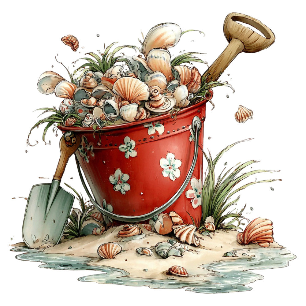 beach scene, coastal, nautical, red bucket, seashells, sand, gardening tools, shells, seaside, whimsical, illustrative, children's, storybook, nature, summer, spring, coral, cream, white flowers, green plants, sandy beach, water, decorative, vintage style, farmhouse, cottage core, illustration art, playful, detailed artwork