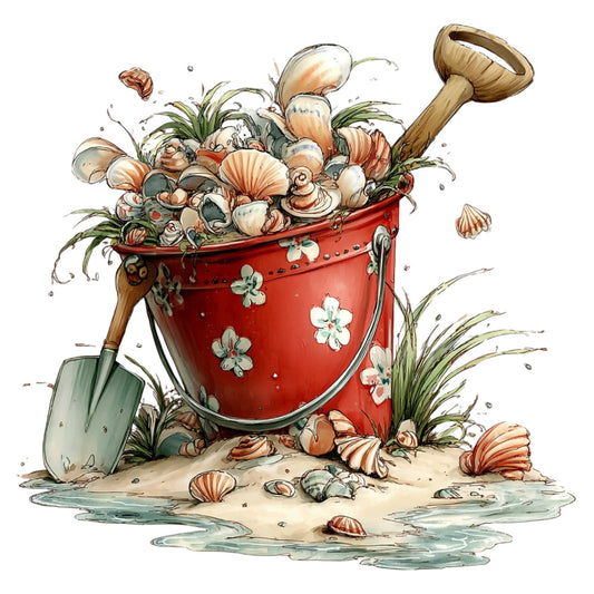 beach scene, coastal, nautical, red bucket, seashells, sand, gardening tools, shells, seaside, whimsical, illustrative, children's, storybook, nature, summer, spring, coral, cream, white flowers, green plants, sandy beach, water, decorative, vintage style, farmhouse, cottage core, illustration art, playful, detailed artwork