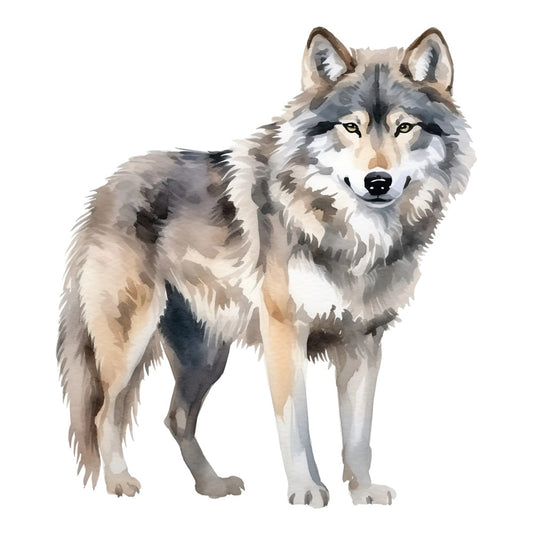 wolf, gray wolf, wildlife, animal portrait, watercolor style, gray tones, beige colors, brown shades, white accents, black details, realistic wolf, standing pose, fur texture, wild animal, nature theme, fabric panel, quilting cotton, woodland creature, mammal design, forest animal