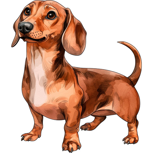 rust brown, tan, cream, burnt orange, terracotta, dachshund, wiener dog, dog lover, puppy, animals, pet, domestic animals, whimsical, cute, playful, children's, kids, baby, humorous, funny, illustration style, cartoon style, realistic portraiture, long-bodied dog, short-legged dog, tail detail, family friendly, pet themed, dog breed specific