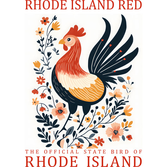 rhode island red, rooster, chicken, state bird, red, orange, black, navy blue, peach, coral, floral motifs, folk art style, decorative birds, fabric panel, quilting cotton, botanical elements, wildflowers, americana theme, stylized illustration, warm tones