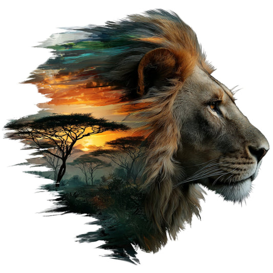 lion, wildlife, safari, african landscape, double exposure, sunset, acacia tree, savanna, majestic, golden hour, orange, amber, bronze, cream, charcoal gray, teal, forest green, nature, animals, double exposure art, profile portrait, dramatic, elegant, modern, bohemian, wall hanging, home decor, inspirational, strength, majesty