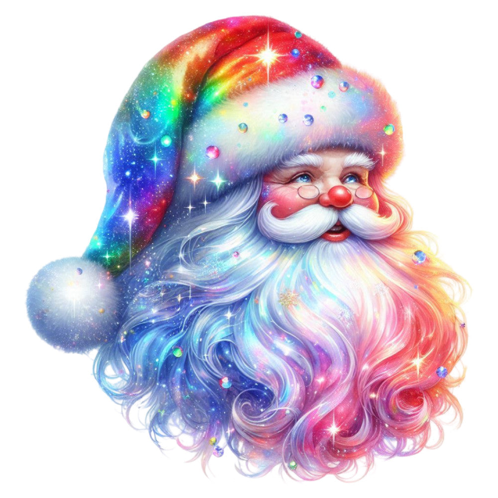 rainbow santa, celestial santa, galaxy print, multicolor, holographic, iridescent, sparkly, christmas, holiday, whimsical, magical, fantasy, stars, sparkles, gemstones, jewel tones, blue, pink, red, gold, purple, cyan, mystical, festive, jolly, santa claus, bearded character, winter, enchanted