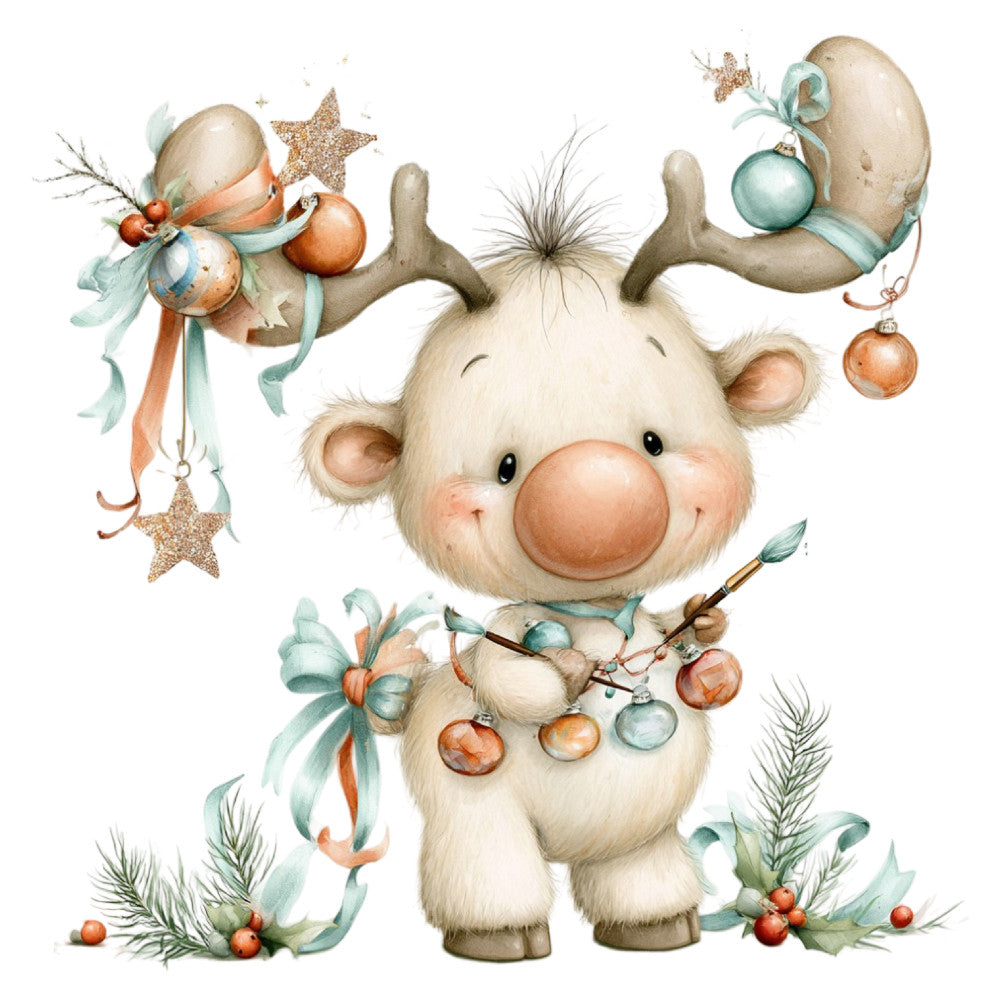 cream, soft white, sage green, teal, copper, rust orange, coral, beige, whimsical, cute, reindeer, christmas, holiday, winter, festive, animals, woodland, rustic, vintage, sweet, nursery, baby, children's, stars, ornaments, ribbons, decorative, gentle, soft, charming