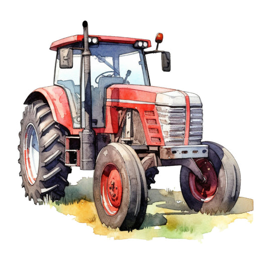 watercolor tractor, red tractor, farm equipment, agricultural machinery, large tires, cab windows, exhaust pipe, warning lights, watercolor painting, soft brushstrokes, red and white, blue accents, gray details, green grass, yellow ground, farming theme, rural scene, vehicle illustration, fabric panel, quilting cotton