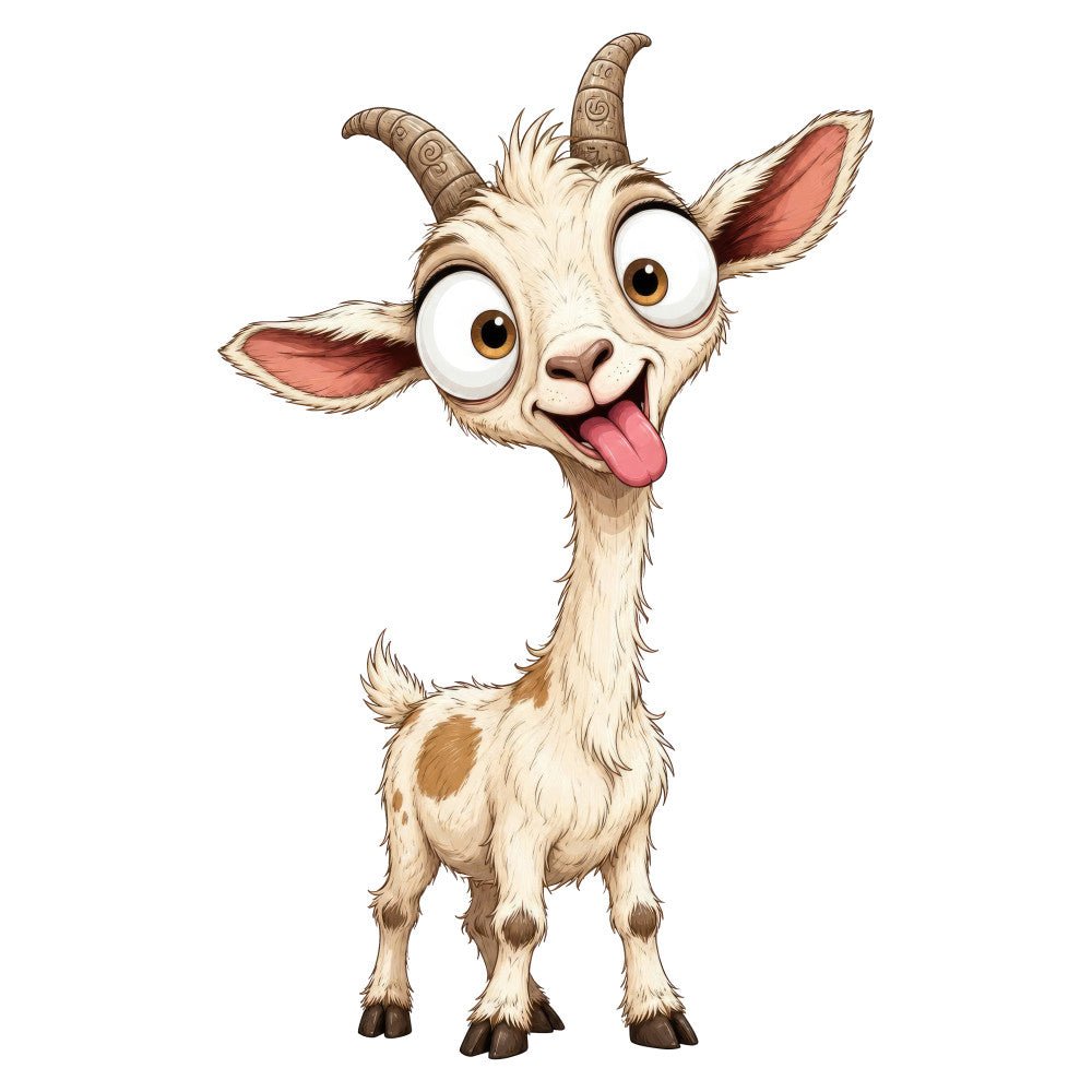 goat, cream, tan, beige, brown, coral pink, golden yellow, orange, whimsical, playful, cartoon, funny animals, farm animals, farmhouse, cute, humorous, silly expression, tongue out, big eyes, children's, kids, baby, nursery, animal characters, comic style, folk art, rustic charm, lighthearted, cheerful