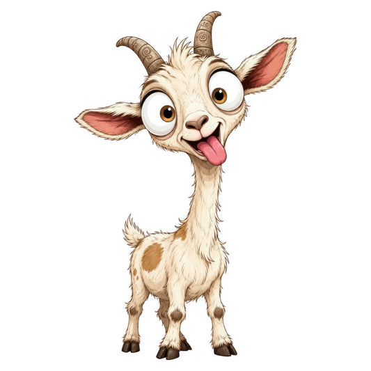 goat, cream, tan, beige, brown, coral pink, golden yellow, orange, whimsical, playful, cartoon, funny animals, farm animals, farmhouse, cute, humorous, silly expression, tongue out, big eyes, children's, kids, baby, nursery, animal characters, comic style, folk art, rustic charm, lighthearted, cheerful