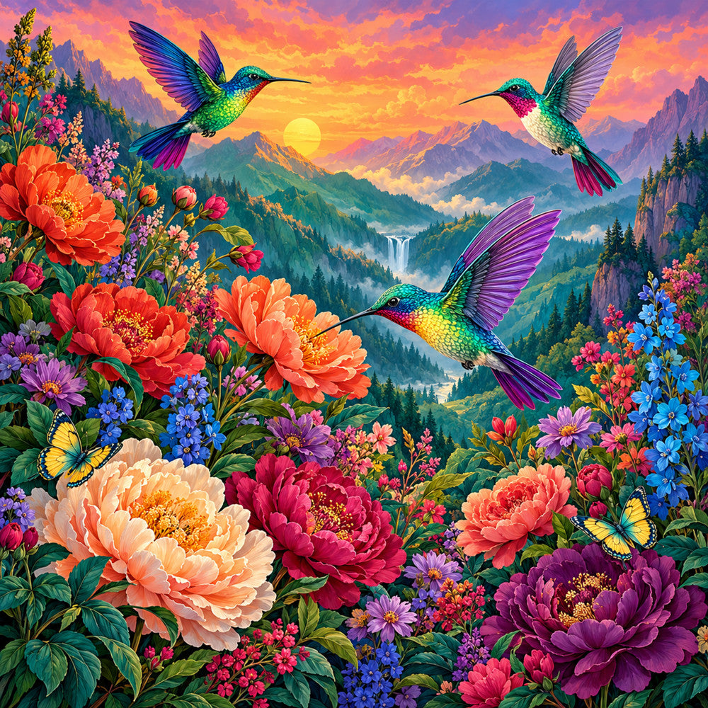 hummingbird, colorful, floral, nature, mountain landscape, sunset, vibrant, butterfly, spring, summer, turquoise, coral pink, magenta, purple, golden yellow, orange, blue, wildflower, peony, garden, whimsical, romantic, elegant, scenic, botanical, birds, waterfall, traditional, wall hanging, nature scene