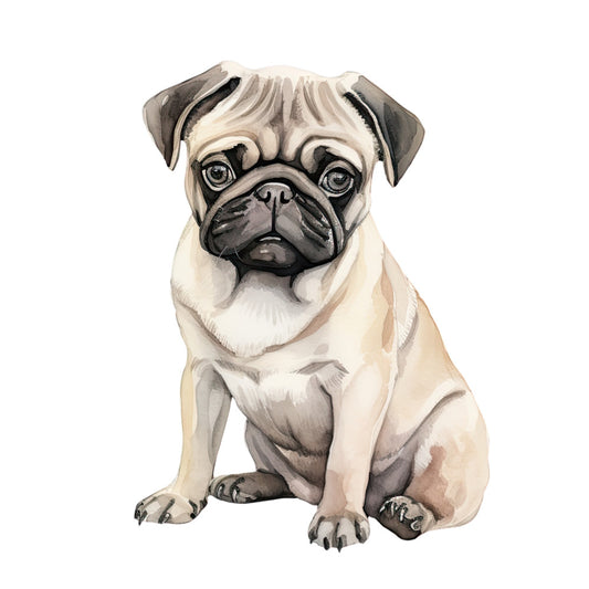 Watercolor Pug Fabric Panel 4 showing detailed, hand-painted cream and black pug on premium quilting cotton fabric.