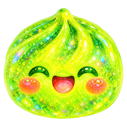 lime green, neon yellow, bright green, orange, coral, red, glitter, sparkly, kawaii, cute face, character, smiling, happy expression, closed eyes, rosy cheeks, fruit, citrus, whimsical, playful, children, kids, fun, cheerful, vibrant, colorful, contemporary, modern, character panel, novelty, dimensional