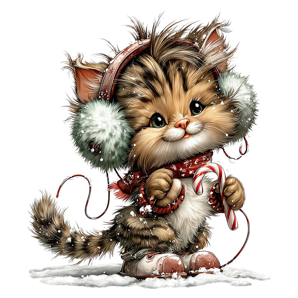 cute cat, tabby cat, holiday cat, christmas cat, festive cat, winter cat, snow scene, candy cane, red and white, cream, tan, brown, forest green, sage green, rust red, burgundy, whimsical, playful, vintage style, retro, kawaii, adorable animals, festive animals, earmuffs, holiday decorations, christmas theme, winter theme, seasonal, children's fabric, baby theme