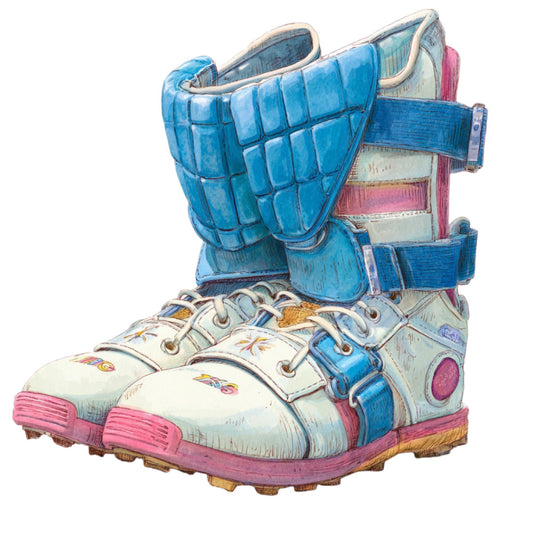 bright blue, hot pink, cream white, multicolor, whimsical, boots, footwear, children's, playful, fun, retro, vintage style, cute, colorful design, striped details, buckles, athletic shoes, sneakers, kids fashion, illustration, novelty, character themed, bold colors, primary colors, girl's clothing, fun footwear, decorative, detailed pattern, children's apparel