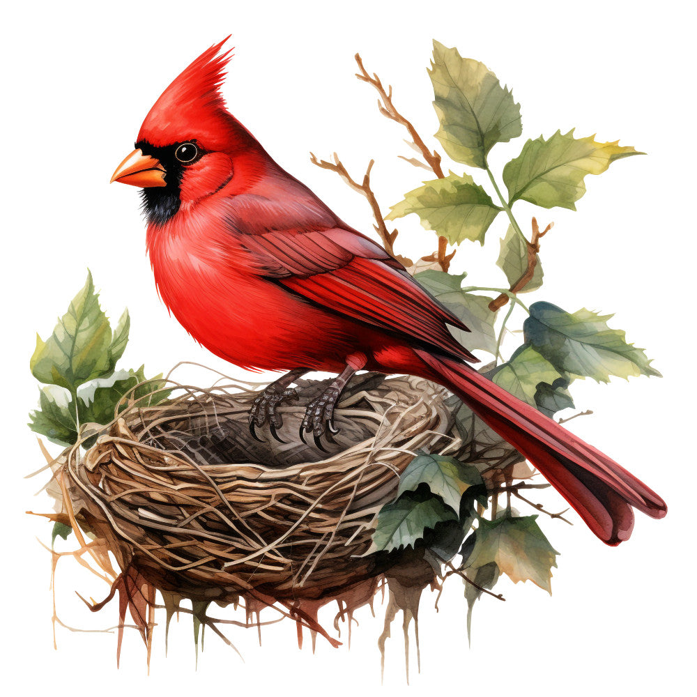 red cardinal, bird illustration, nest, brown twigs, green leaves, orange beak, black markings, watercolor style, nature scene, wildlife art, fabric panel, quilting cotton, spring theme, botanical elements, realistic bird, perched cardinal, natural colors, outdoor scene, bird watching, songbird