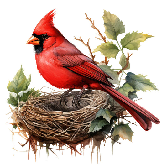 red cardinal, bird illustration, nest, brown twigs, green leaves, orange beak, black markings, watercolor style, nature scene, wildlife art, fabric panel, quilting cotton, spring theme, botanical elements, realistic bird, perched cardinal, natural colors, outdoor scene, bird watching, songbird