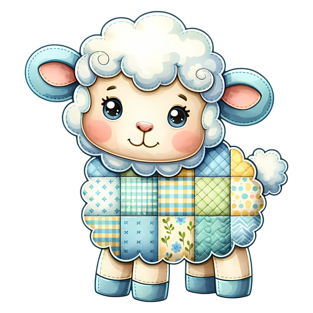 cute sheep, lamb, baby animals, pastel blue, soft blue, cream, pale yellow, sage green, light green, gingham, checkered, floral, polka dots, patchwork, whimsical, nursery, baby quilt, children's fabric, farmhouse, country, spring, soft colors, quilted texture, playful, sweet, gentle, innocence, farm animals