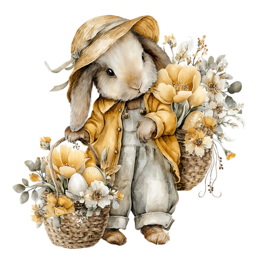 bunny, rabbit, flowers, floral, basket, straw hat, cream, beige, tan, gold, yellow, white, gray, soft, whimsical, cute, animal, nature, spring, easter, vintage, pastoral, countryside, farmhouse, rustic, charming, botanical, wildflowers, children's, sweet