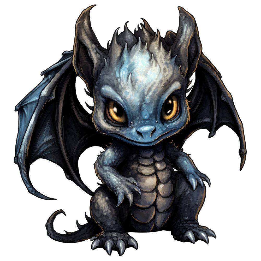 dragon, fantasy, mythical creatures, baby dragon, cute dragon, blue-grey, charcoal black, golden yellow, ice blue, steel blue, bronze accents, wings, scales, horns, fierce, whimsical, magical, children's, nursery, storybook, adventure, character fabric, animal motif, fantasy creatures, dark academia, enchanted, playful, illustration style, digital art, character design