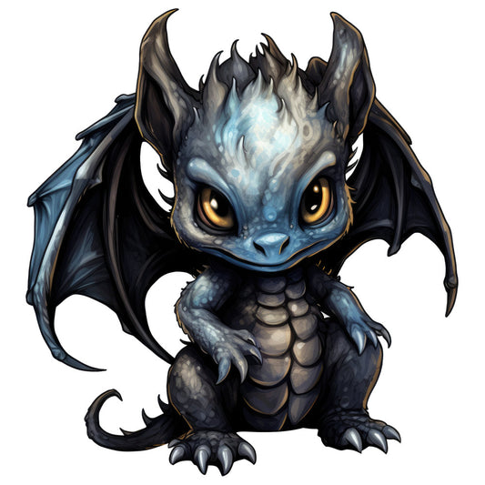 dragon, fantasy, mythical creatures, baby dragon, cute dragon, blue-grey, charcoal black, golden yellow, ice blue, steel blue, bronze accents, wings, scales, horns, fierce, whimsical, magical, children's, nursery, storybook, adventure, character fabric, animal motif, fantasy creatures, dark academia, enchanted, playful, illustration style, digital art, character design