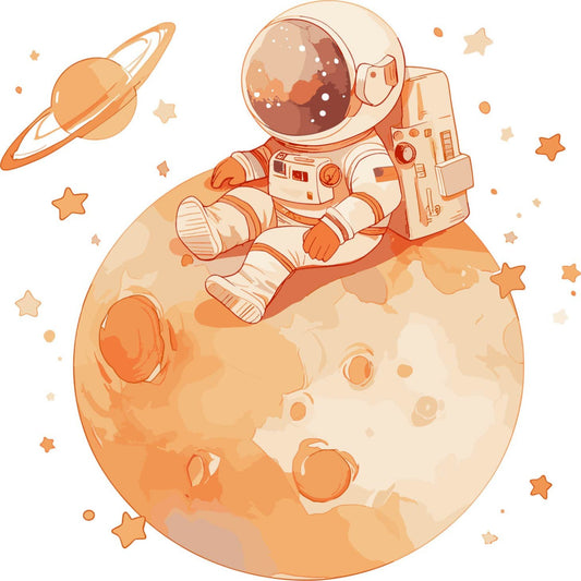 astronaut, space, celestial, orange, cream, peach, tan, beige, stars, planets, moon, whimsical, children, kids, baby, adventure, exploration, science fiction, cosmic, dreamy, playful, modern, illustration, character, boy, girl, nursery, bedding, baby quilt, wall hanging
