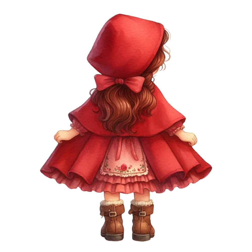 red riding hood, little girl, storybook, fairy tale, classic children's tale, crimson red, deep red, burgundy, rust brown, brown boots, vintage children, whimsical, nostalgic, character panel, children's illustration, ruffled dress, bonnet, bow, classic style, charming, decorative panel, novelty, story illustration, holiday, winter, cottage core, traditional children's, literary character, illustration art