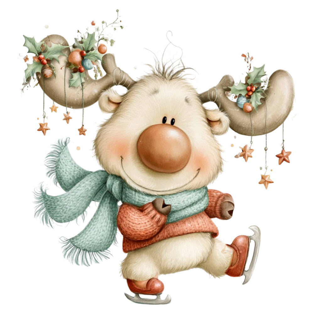 reindeer, christmas, holiday, whimsical, cute, cream, rust orange, sage green, festive, winter, stars, holly berries, ice skates, scarf, children's, nursery, playful, illustration, vintage style, rustic, warm tones, animal characters, decorative, cheerful, nostalgic, seasonal, joy, celebration, family friendly