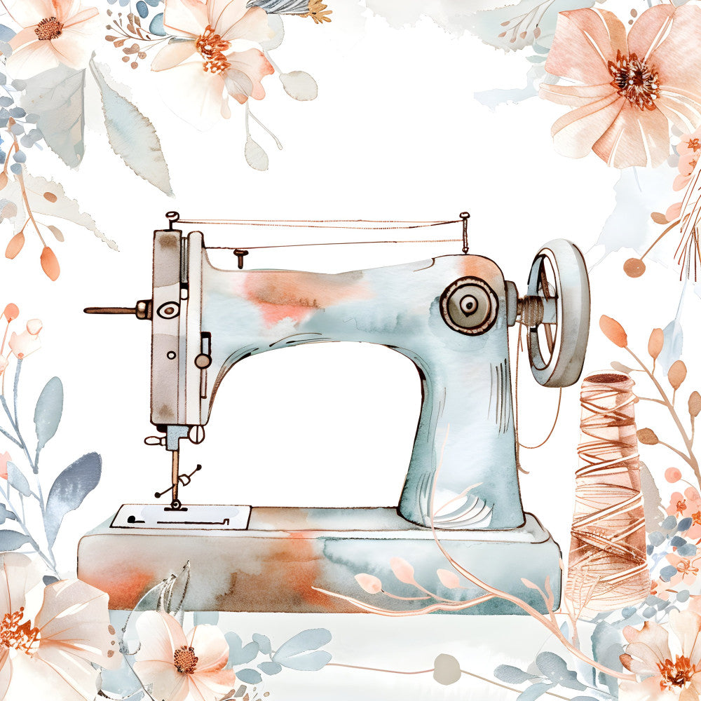 sewing machine, vintage, floral, peach, coral pink, dusty blue, sage green, cream, watercolor, botanical, sewing themed, retro, cottage core, feminine, elegant, crafting, needle and thread, spool of thread, spring, summer, shabby chic, romantic, gentle, soft palette, hobby, handmade, antique, nostalgic, whimsical