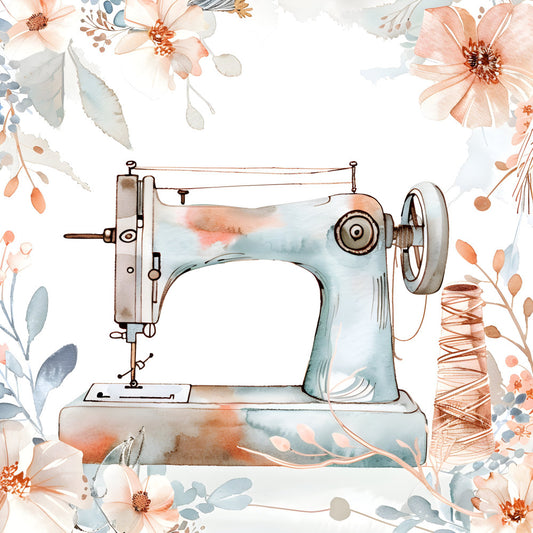 sewing machine, vintage, floral, peach, coral pink, dusty blue, sage green, cream, watercolor, botanical, sewing themed, retro, cottage core, feminine, elegant, crafting, needle and thread, spool of thread, spring, summer, shabby chic, romantic, gentle, soft palette, hobby, handmade, antique, nostalgic, whimsical