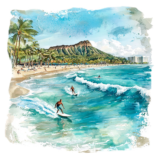 turquoise, aqua blue, emerald green, sandy beige, coral pink, tropical paradise, hawaiian beach, diamond head crater, palm trees, surfing, ocean waves, watercolor style, island scene, fabric panel, quilting cotton, summer vibes, coastal theme, tropical vacation, beach life, surf culture