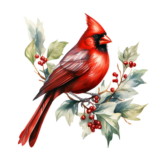 red cardinal, watercolor style, bird illustration, holly berries, green leaves, crimson red, black markings, nature motif, botanical elements, winter theme, fabric panel, quilting cotton, songbird design, berry branches, festive colors, realistic bird, perched cardinal, holiday fabric, christmas motif, wildlife art