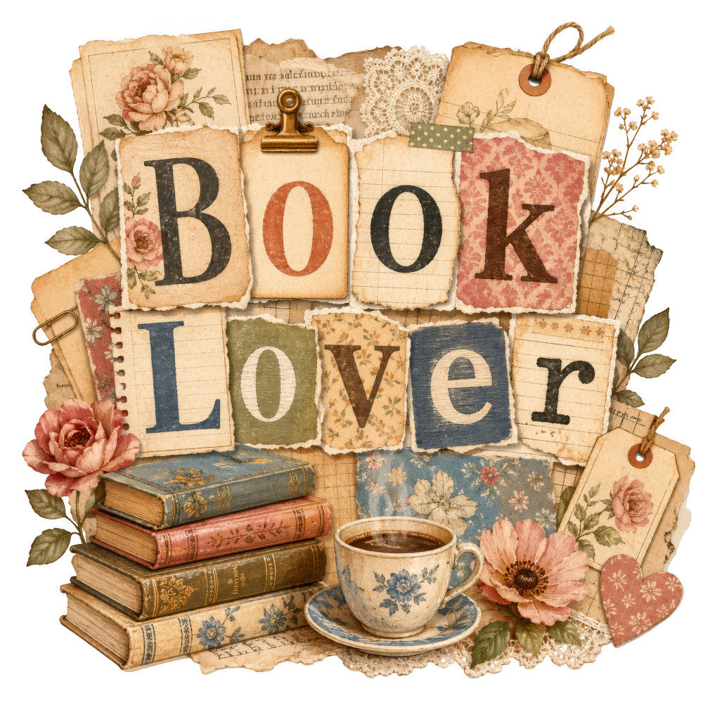 book lover, vintage, floral, roses, pink roses, dusty rose, cream, tan, sage green, navy blue, botanical, tea cup, stacked books, literary, antique, shabby chic, romantic, nostalgic, lace, cottage core, linen look, retro, classic, elegant, fabric panel, quilt panel, home decor, reading theme, book themed, dried flowers