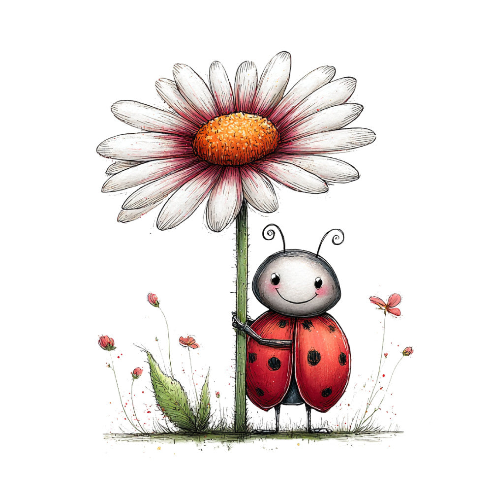 white daisy, orange center, red ladybug, pink accents, spring, nature, whimsical, children's, garden theme, insects, flowers, playful, cute, soft colors, grass, botanical, cheerful, kids' fabric, animal theme, ladybug print, daisy flower, charming, gentle, sweet design, nursery, countryside, pastoral, illustrated, delicate, joy-themed