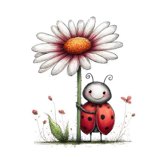 white daisy, orange center, red ladybug, pink accents, spring, nature, whimsical, children's, garden theme, insects, flowers, playful, cute, soft colors, grass, botanical, cheerful, kids' fabric, animal theme, ladybug print, daisy flower, charming, gentle, sweet design, nursery, countryside, pastoral, illustrated, delicate, joy-themed