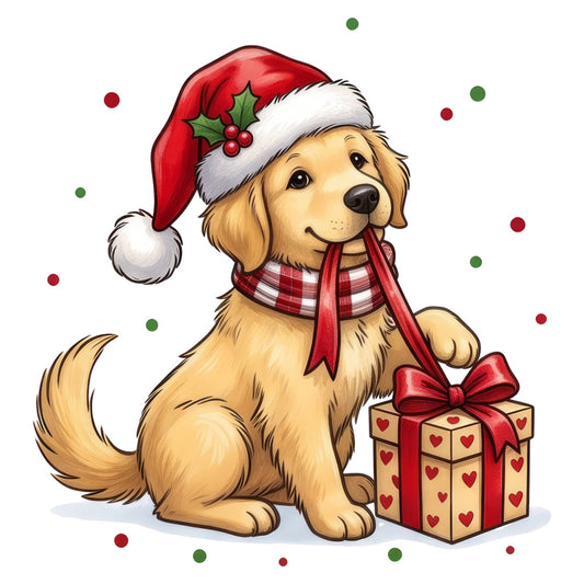 christmas dog, golden retriever, holiday, santa hat, festive, red and green, cream, plaid, hearts, gift box, ribbon bow, whimsical, cute animals, seasonal, winter, red ribbon, holly, cheerful, family friendly, pet themed, traditional christmas, warm tones, tan, burgundy, decorative, children's, home decor