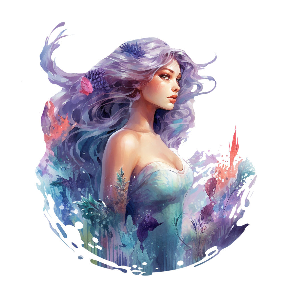 mermaid, purple hair, flowing hair, ocean waves, watercolor style, fantasy art, sea creature, aquatic theme, teal, lavender, coral pink, dreamy artwork, mythical character, ocean flora, seaweed, fabric panel, digital print, whimsical design, marine life, enchanted waters