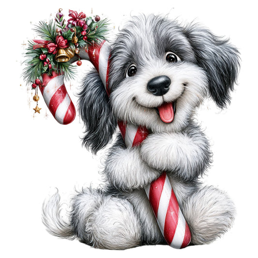cute dog, puppy, shih tzu, maltese, white and gray, red and white striped, candy cane, christmas, holiday, festive, winter, animals, pets, whimsical, playful, joyful, cheerful, decorative stocking, christmas stocking, floral arrangement, red ribbon, gold bells, charming, child-friendly, baby, children's, nursery, wall hanging, appliqué, portrait